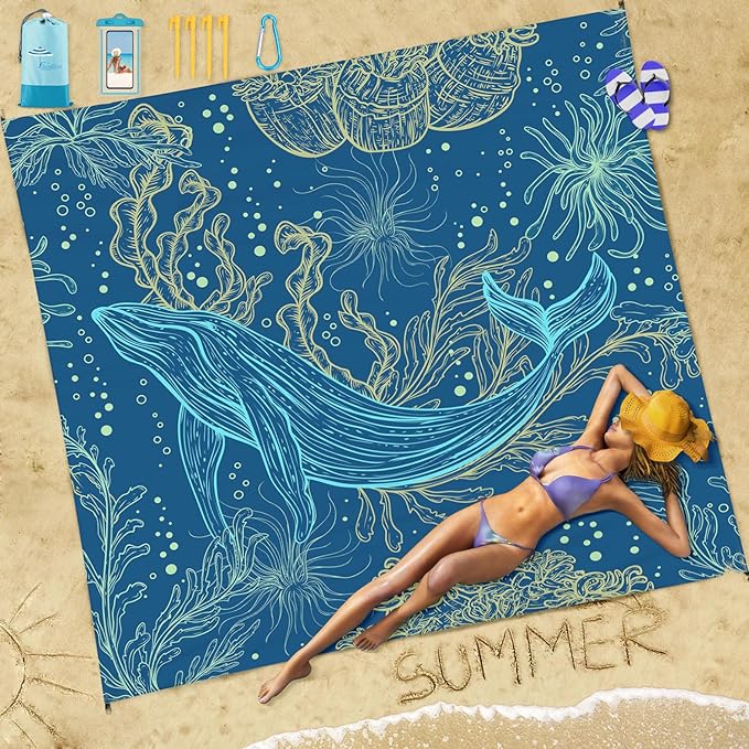 Famstar Beach Blanket Sandproof Waterproof 78''×81''1-5 Adults Oversized,Compact Lightweight Durable Beach Mat for Travel Camping Hiking Picnic Blanket