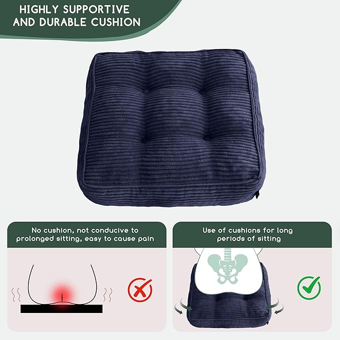 HIGOGOGO Tufted Corduroy Recliner Seat Cushion for Elderly, 20x20x6 Inch Extra Large Square Seat Cushion for Recliner Chair, Floor Pillow, Office Chair, Car, No Pressure on Thighs, Navy