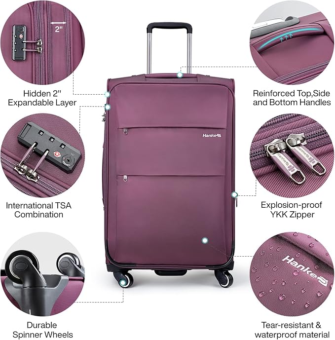 Hanke 28 Inch Luggage with Spinner Wheels Expandable Large Suitcase with Wheels Softside Check in Luggage Rolling Suitcase with Lock Lightweight Travel Luggage for Men and Women.(Purple)