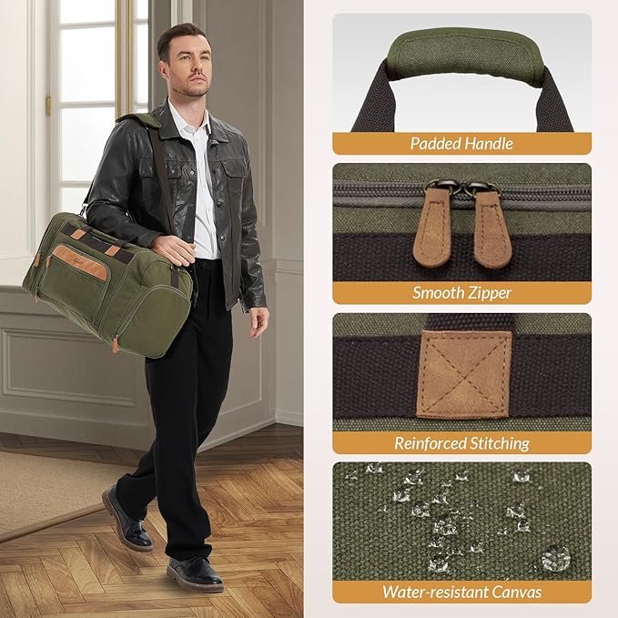 Canvas Duffle Bag for Travel 50L Expandable Travel Duffel Bags for Men Women Weekender Overnight Bag with Shoes Compartment - Army Green