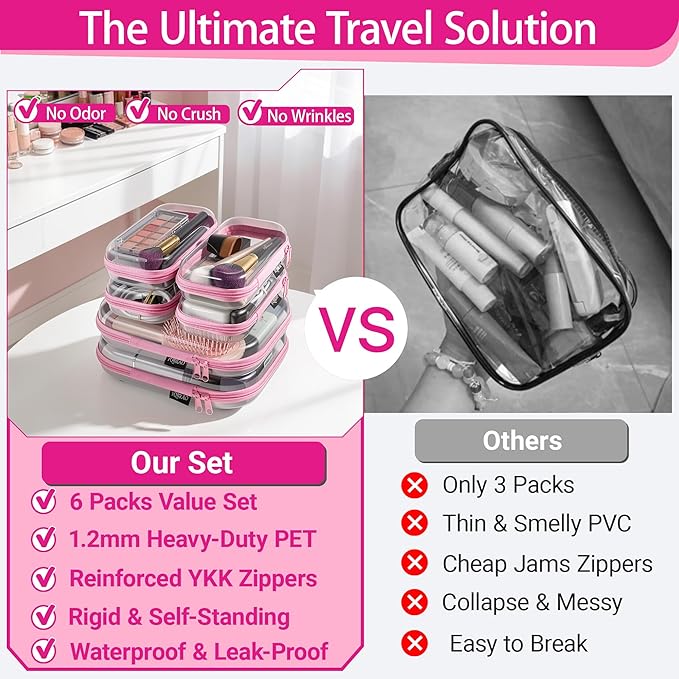 YQBRAO 6 Pack Clear Hard Shell Zipper Case, Hard Plastic Organizer Pouches for Travel, Small Items, Makeup, Electronics & Art Supplies - Crush-Resistant & Waterproof Storage (Pink)