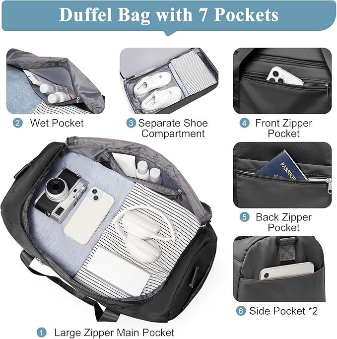 Large Duffle Bag for Travel,Carry-On Overnight Weekender Bags for Women,Travel Duffel Bag,Black