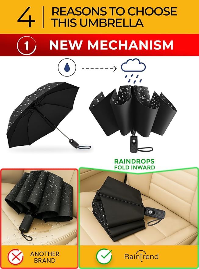 Raintrend Windproof Travel Umbrellas for Rain Automatic +10% Bigger Canopy Strong Frame Compact Folding Portable Umbrella for Women Men Backpack Purse