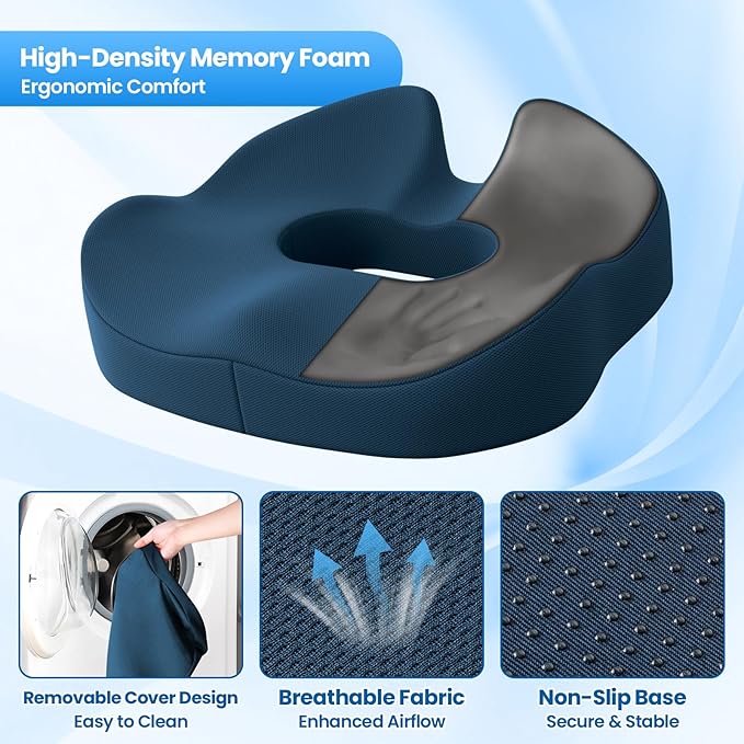 Large Donut Pillow Seat Cushion for Hemorrhoid Discomfort&Tailbone Pressure, Office Chair Cushion for Long Sitting, Ergonomic Coccyx Pillow for Postpartum Pregnancy, Blue, X-Large