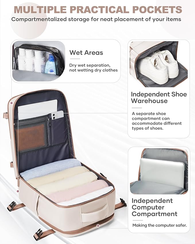 coowoz Travel Backpack Carry On for Women Man Gym Backpacks with Laptop Compartment Mochila de Viaje Teacher Personal Item Backpack Airplane Accessories Must Haves Beige Brown 20L