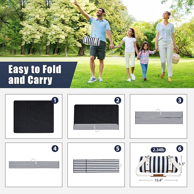 G GOOD GAIN Waterproof Picnic Blanket, 79"x79" Extra Large Beach Mat for 6 to 8 Adults, Machine Washable Outdoor Blanket for Camping, Grass, Park, Camping, Concerts, MiddleNavy