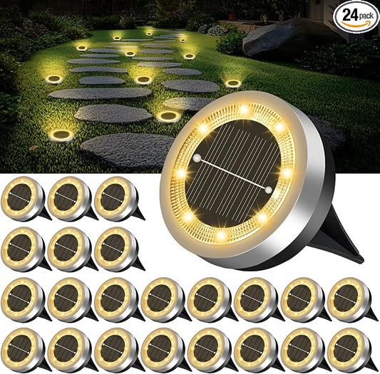 Mini Solar Ground Lights Outdoor 24 Pack Waterproof Upgraded Anti-Rust Solar Flat Garden Lights Stainless Steel Solor Powered Disc Landscape Light for Pathway Walkway Yard Lawn Patio-Warm White