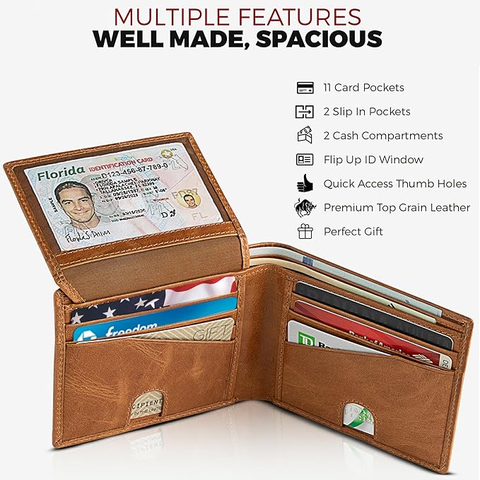 Mens Leather Wallet Bifold with ID Window and RFID Blocking Secure and Durable Extra Capacity Billfold with 11 Credit Cards In Wild Buck Tan