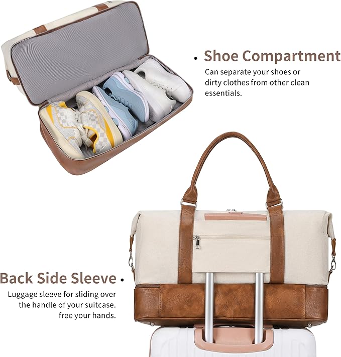 Oeihuivt Weekender Bags for Women - 21 Inch Large Travel Duffel Bag 2-Piece Set with Shoe Compartment, Heavy-Duty Canvas Leather Carry On Overnight Tote