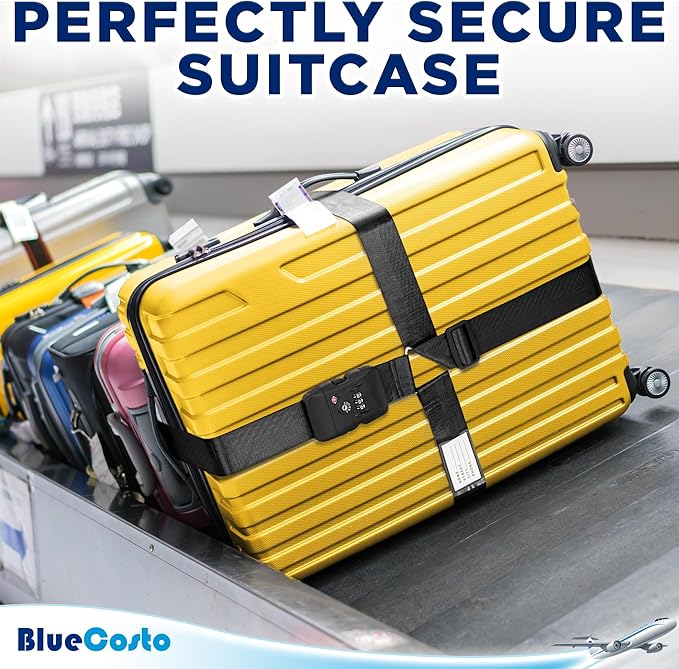 BlueCosto - Luggage Strap with TSA Lock - 7 to 13 ft Adjustable, Jet Black - TSA Approved Suitcase Security Belt with 3 Digit Combination Locking - 2" Wide Heavy Duty Baggage Strap for Secure Travel