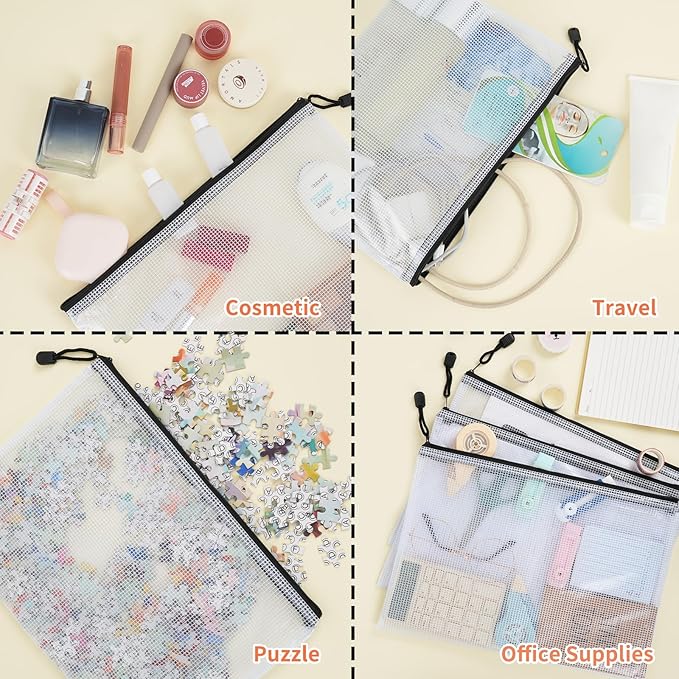 EOOUT 32pcs A4 Zipper Pouch Bags, Mesh Pouch Bags with Labels for Board Games & Puzzles Supplies, Waterproof Document Zipper Cases for School Toys Office Cosmetics Travel Storage,Black