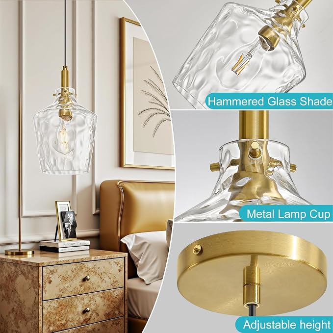 Hammered Glass Pendant Light for Kitchen Island Foyer 1 Pack Gold 8 Inch | Adjustable cord Dimmable, E26 bulbs, Rust-resistant Damp Rated For Bathrooms, 5-Year Manufacturer Warranty, UL Certification