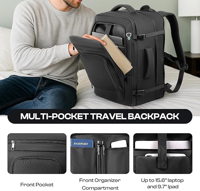 Roomy Travel Backpack, Expandable 40L-50L Carry On Backpack For 17.3" Laptop,TSA Flight Approved Business Travel Backpack w/ Multiple Organizer Pockets for Work,Overnight Trip,College &Daily Commuting