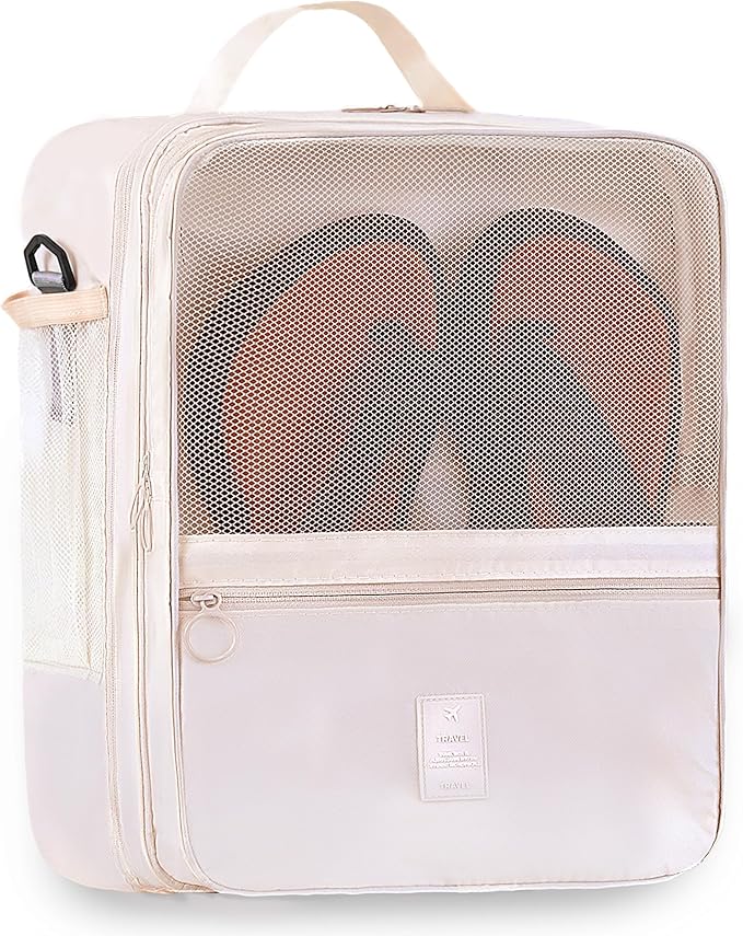 Large Shoe Bags for Travel Holds 4 Pair of Shoes, Shoe Storage Pouch with 3 Layers Compartments, Waterproof & Washable (Cream)