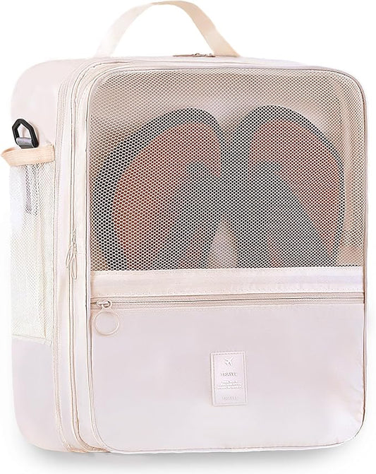 Large Shoe Bags for Travel Holds 4 Pair of Shoes, Shoe Storage Pouch with 3 Layers Compartments, Waterproof & Washable (Cream)