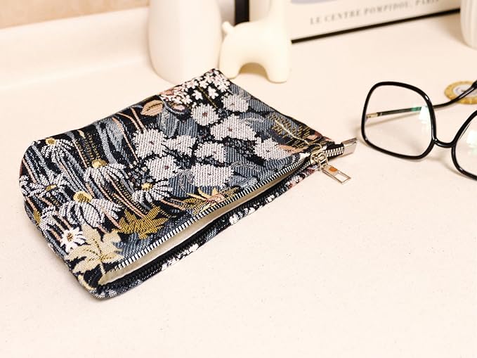 HAPPYHEIDI Cute Floral Makeup Bag Cosmetic Travel Pouch with Bottom and Zipper, Purse Make Up Organizer, Aesthetic Textured Fabric, Medium
