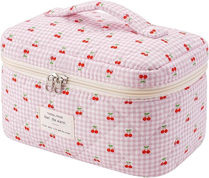 uekeboag Large Travel Quilted Makeup Bag for Women, Floral Cotton Cosmetic Bag, Coquette Aesthetic Floral Toiletry Organizer Bag