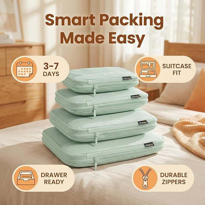 4 Piece Compression Packing Cubes for 3–7 Day Travel, Lightweight Travel Organizers with Breathable Mesh, Double-Zipper Packing Cubes for Carry-On & Suitcases (Light Green)
