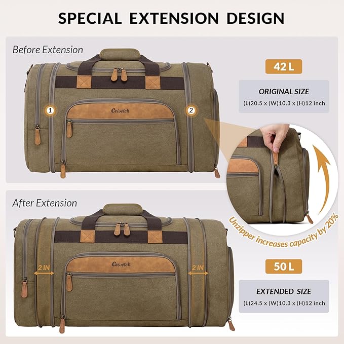 Canvas Duffle Bag for Travel 50L Expandable Travel Duffel Bags for Men Women Weekender Overnight Bag with Shoes Compartment - Brown