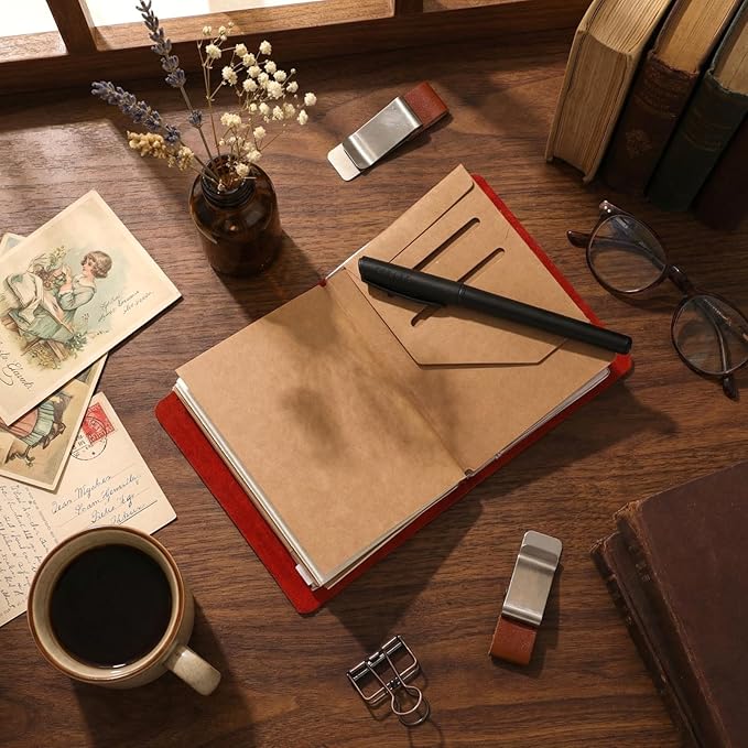 Thenshop Travelers Refillable Leather Journal Notebook Travel Diary Handmade Passport Travelers Journal for Men and Women with 3 Notebook Inserts, Pen Holder, Binder Clip(Wine Red,Passport Size)