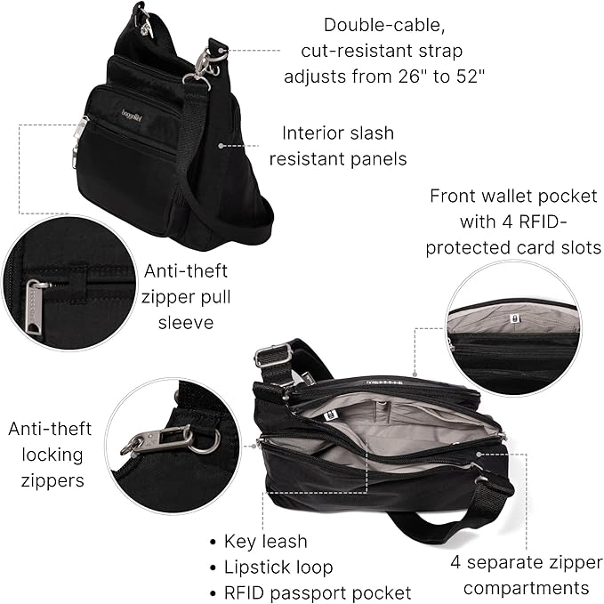 Baggallini Securtex Anti-theft Crossover Crossbody Bag 11”w X 8.5”h, Rfid, Built-in Wallet, Locking Zippers