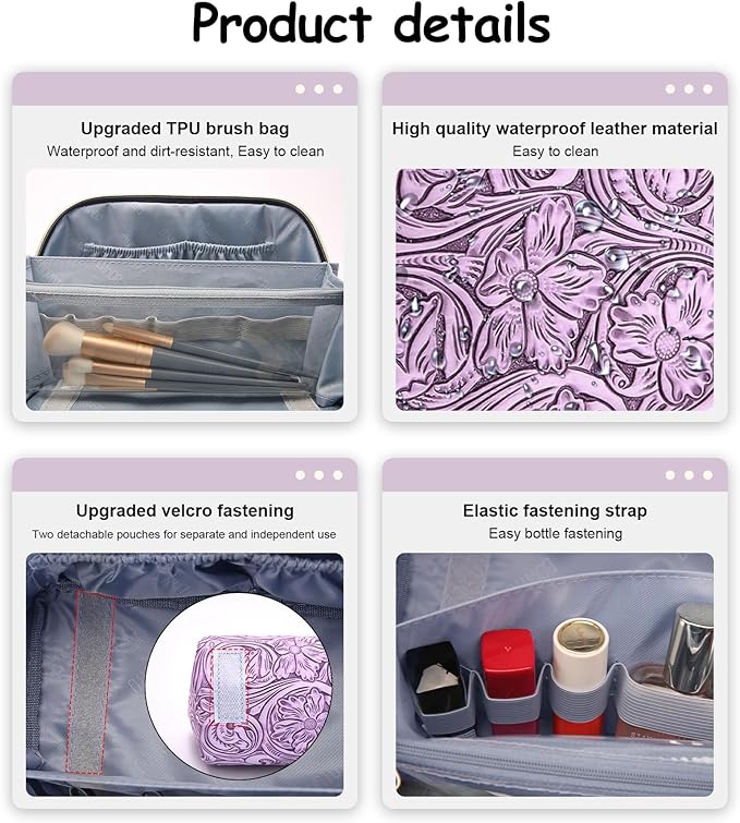 BOYATU Travel Makeup Bags Cosmetic Organizer Bag: 3 Pcs Set Large Capacity Floral Make up Bag with Compartments - Waterproof Leather Toiletry Bags with Handle for Women (21-Purple)