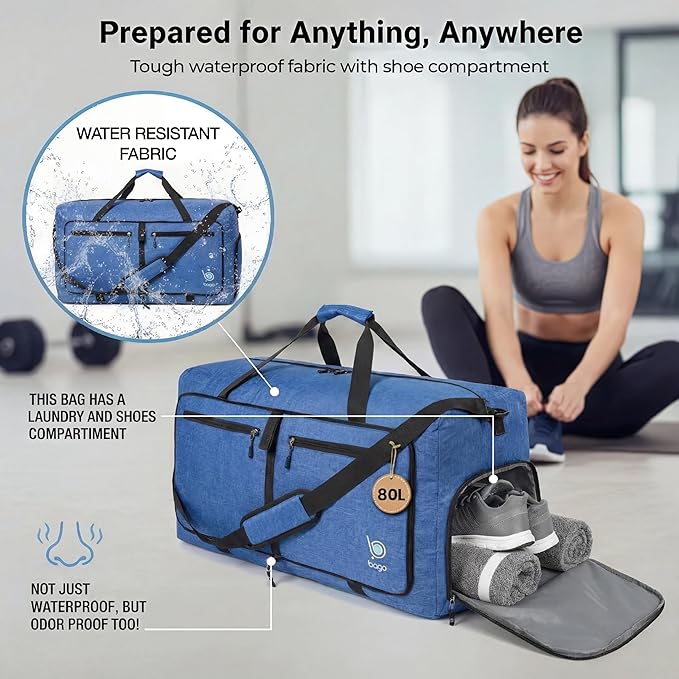 Bago Large Duffle Bag for Travel Women & Men. Durable Lightweight Foldable Travel Duffel Bags For Traveling Women. 80L Duffle Bags For Overnight Bag With Shoe Compartment Collapsible Weekender duffel