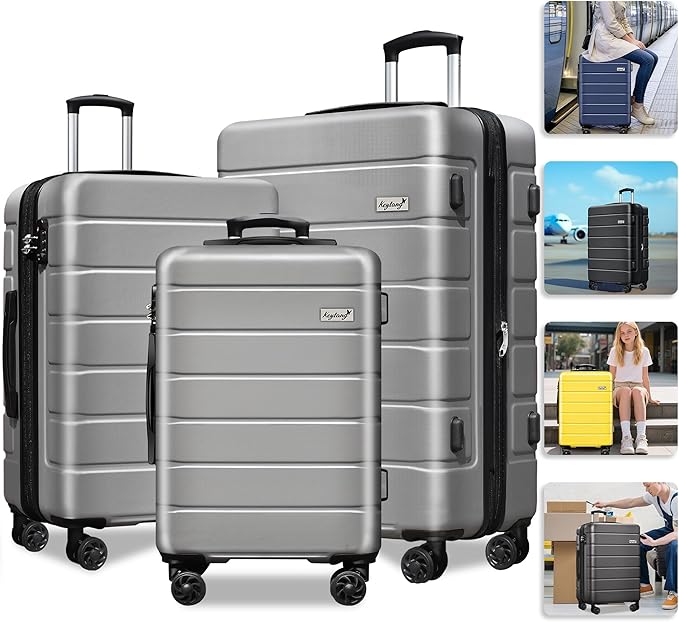 Explorer Lightweight Hardshell 20% Expandable 3-Piece Luggage Set with TSA Lock, Double Spinner Wheels, and Carry-On Suitcase, Silver