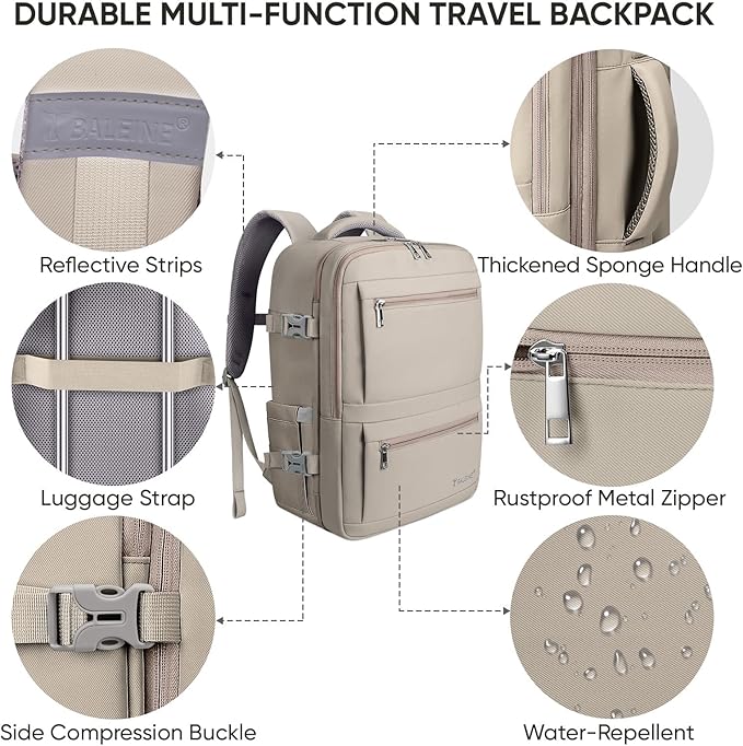 BALEINE Travel Backpack for Women Men, Large Sturdy Carry On Laptop Backpack Gifts for Business, Casual, Weekender, Hiking (Large, Khaki)