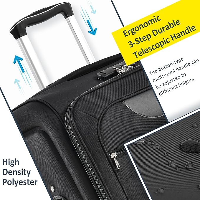 3 Piece Softshell Expandable Luggage Sets, Lightweight Travel Suitcase Set with TSA Lock and 360°Swivel Spinner Wheels, Durable Softside Luggage for Men Women, 22 in/26 in/30 in, Black