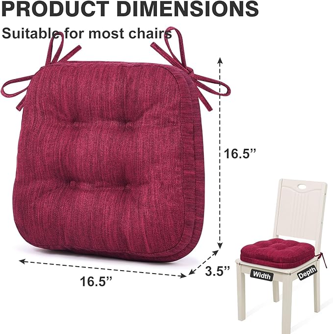 Shinnwa Kitchen Chair Cushions Set of 2, Dual-Layer Memory Foam Dining Chair Cushions, Patented Design Seat Pads with Ties, 16.5 x 16.5 x 3.5in, 2 Pack, Burgundy