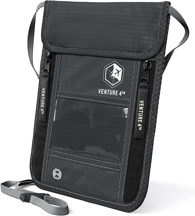 VENTURE 4TH Neck Wallet for Women & Men – RFID Blocking Passport Holder for Travel, Hidden Neck Pouch with 6 Compartments, Slim Lightweight Travel Organizer with Adjustable Strap (Gray)
