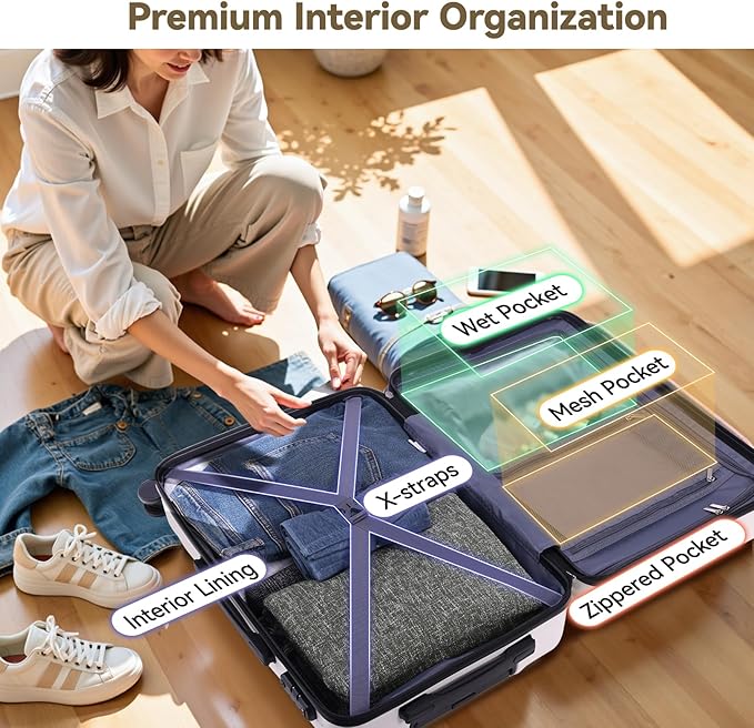 Hoteel Luggage Sets 3 Piece Hardside, 4-Year Warranty, Luggage Set with Spinner Wheels, TSA Lock, Wet/Dry Separation Compartment, Lightweight Carry on Luggage, 20"/24"/28" Suitcase, Beige