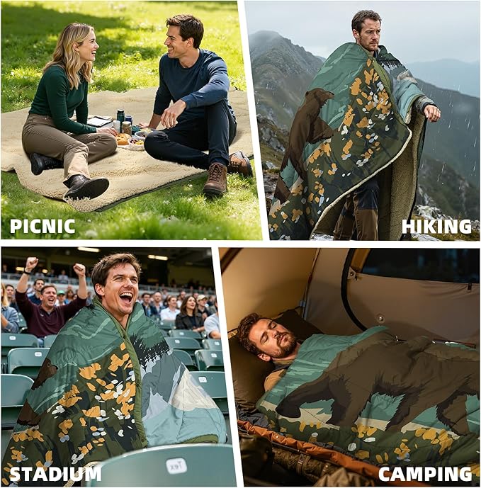 Outdoor Camping Blanket with Sherpa Lining, Extra Warm Thick Camp Blankets and Puffy Ultralight Soft Poncho DWR Camping Quilt for Cold Weather, Adventure, Sleeping, Backpacking 78"x 56"