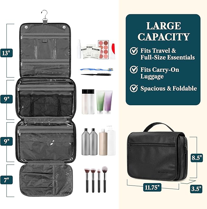PAVILIA Hanging Toiletry Bag Women Men, Foldable Cosmetic Organizer Travel Bag, Water Resistant Makeup Bag Toiletries, Large Travel Essentials Kit (Black)