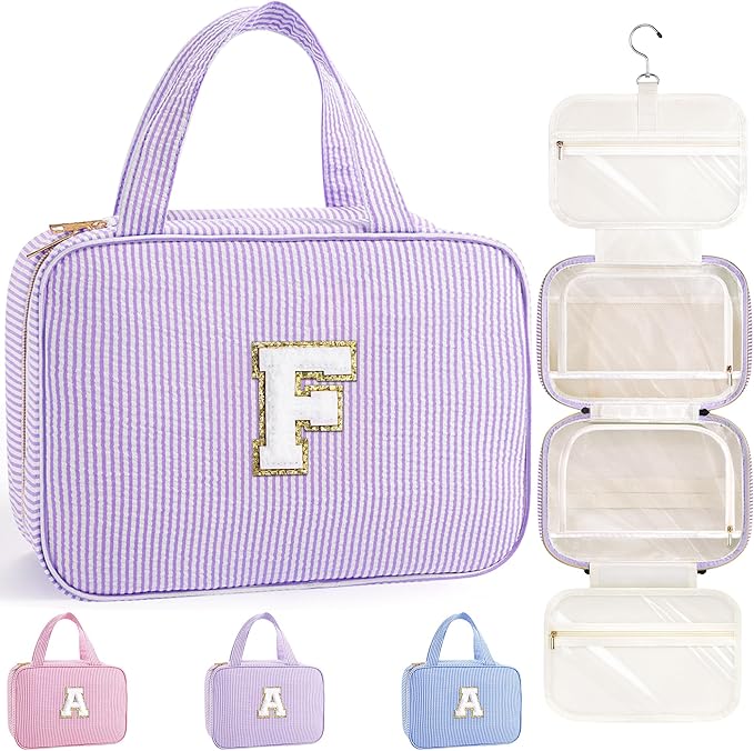TOPEAST Gifts for Friends - Friendship Gifts for Women, Travel Toiletry Bag for Women, Hanging Toiletry Bag, Monogrammed Initial Toiletry Pouch Makeup Bag - Letter F, Purple