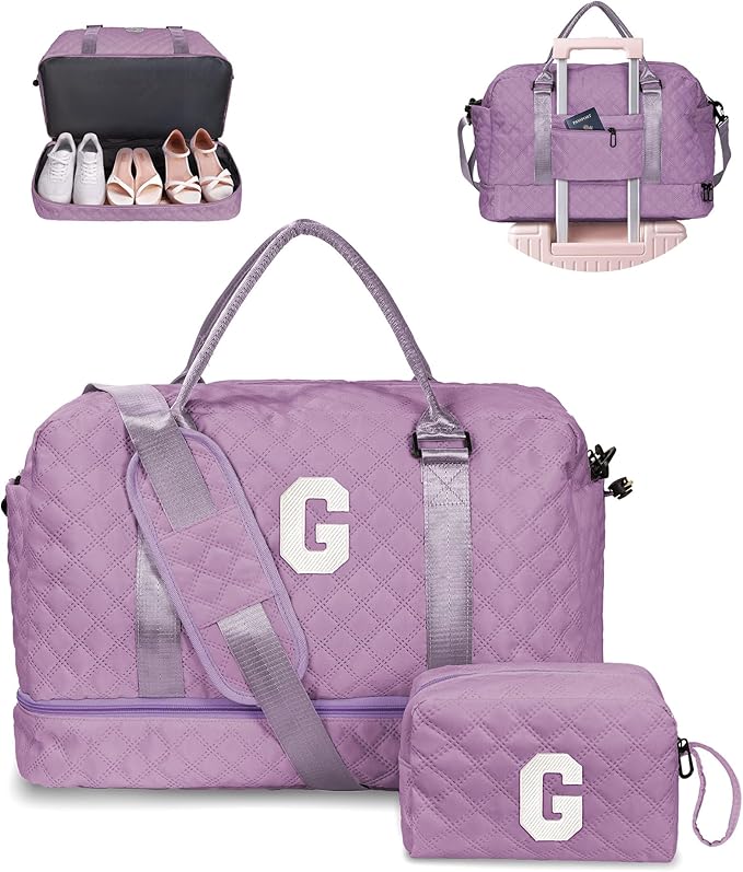 Gifts for Girls-Teen Weekender Bags, Personalized Monogram Overnight Bag, Letter Travel Bag with Makeup Bag, Personalized Gift Idea for Women Her (Letter G)
