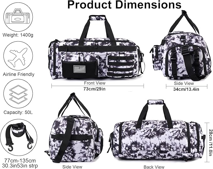 LHI 50L Tactical Duffle Bag for Men, 3-in-1 Gym Duffle and Backpack, Shoe Compartment, Laptop Sleeve and MOLLE, Carry-On Travel Weekender and Overnight Bag – Black and White