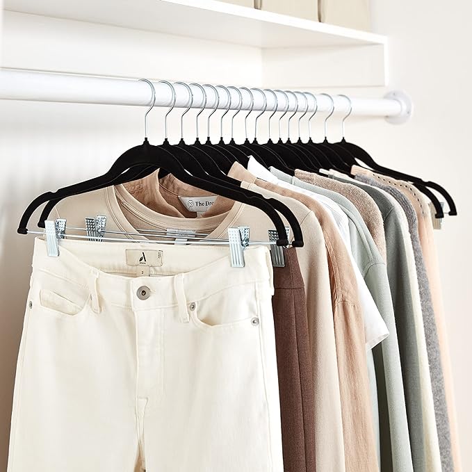 Amazon Basics Velvet Non-Slip Skirt Clothes Hangers with Clips, 360 Degree Rotatable Hook, Sturdy Construction, Organize Pants and Skirts, Black/Silver, 50-Pack