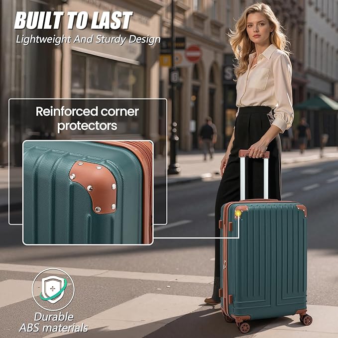KUNEL Expandable 5 Piece Luggage Sets with Detachable Spinner Wheels and TSA Lock, Unisex Hardside ABS Suitcase Set, Hardshell Lightweight Waterproof Travel Hard Case Suitcases with Wheels, DarkGreen