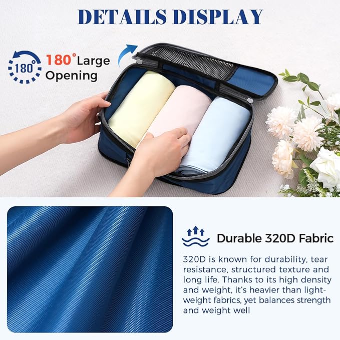 BAGAIL 4 Set/6 Set/8 Set Compression Packing Cubes Travel Accessories Expandable Packing Organizers(HalfMesh,8-Navy)