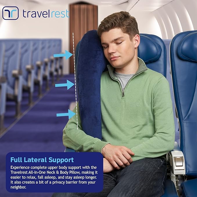 TRAVELREST All-in-One Travel Neck Support & Body Pillow - Airplane Pillow for Long Flight Comfort, Travel Essentials, Sleeping Accessories, Memory Foam, Headrest Support Seat for Car (Blue)