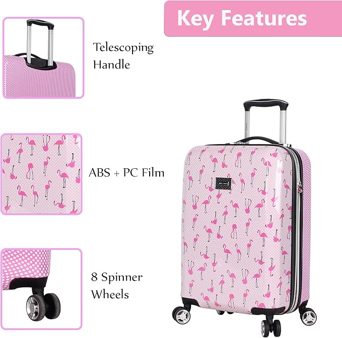 Betsey Johnson Designer 20 Inch Carry On - Expandable (ABS + PC) Hardside Luggage - Lightweight Durable Suitcase With 8-Rolling Spinner Wheels for Women (20in, Flamingo Strut)