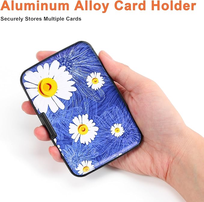 Mayski Credit Card Holder, RFID Blocking, Aluminum Alloy Hard Case, Small Mini Business Metal Wallet for Women Men, White Flower