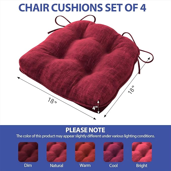 Chair Cushions for Dining Chairs Set of 4, Red Kitchen Chair Cushions, Chair Pads with Ties and Non Slip Backing, Christmas Room Decor, Tufted Memory Foam Seat Cushion 4 Pack, 18"x18"x4"