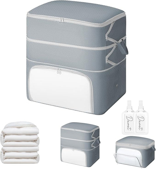 Comforter Storage Bag - 130L Blanket Storage Bags Front-opening Ultra Space Saving Self Compression Organizer, Washable Compression Bags for Storage Comforter Blanket, 1 Pack, Grey
