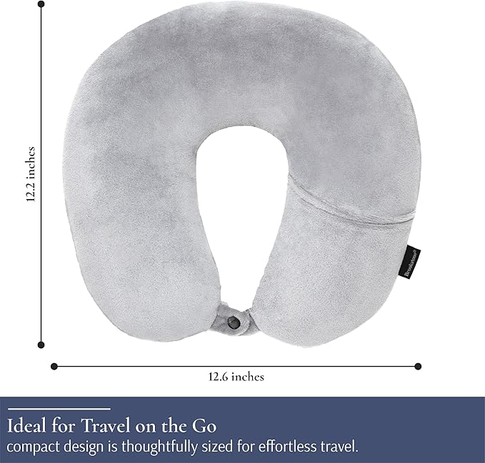 Brookstone Microbead Travel Head and Neck Pillow Lightweight and Plush with Phone or Headphone Pocket, Grey
