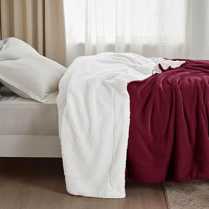 Bedsure GentleSoft Sherpa Fleece Blanket Queen Size for Bed, Non-Heated, Thick and Warm Throw for Girls and Women, Soft Fuzzy Plush Queen Blanket for Winter, Burgundy, 90x90 Inches