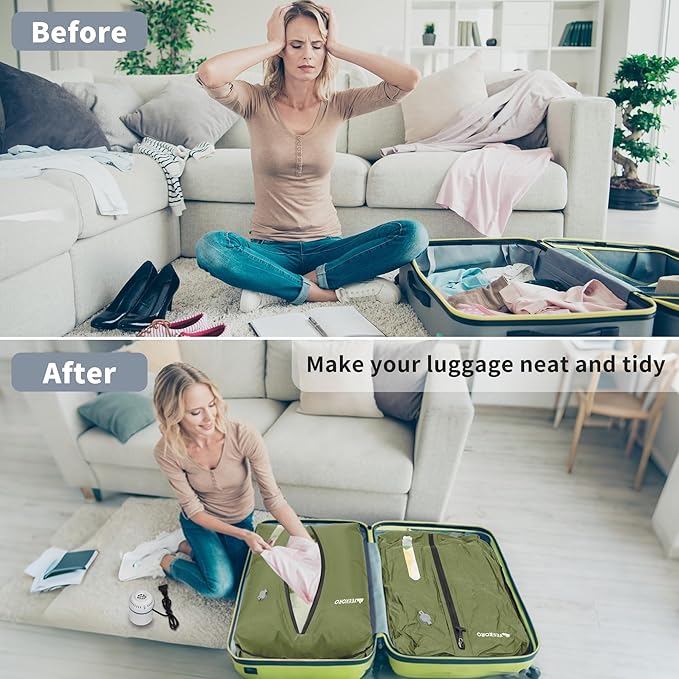 Vacuum Bag for Travel, Reusable Vacuum Compression Bags with Wired Pump for Travel Suitcases, Professional IPX8 Waterproof Traveling Kit, Durable Storage and Organization(2Pack Green)