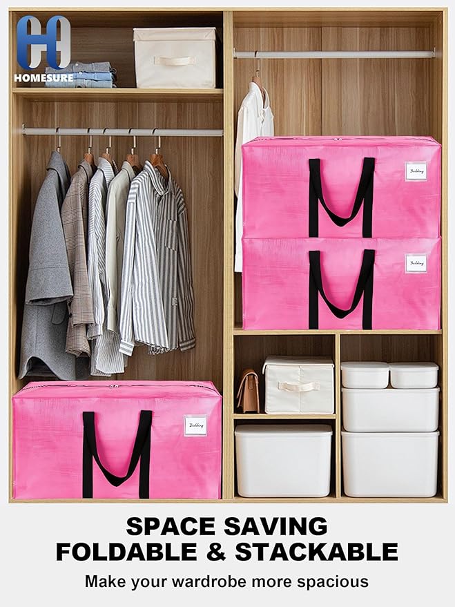 12 Pack Large Strong Moving Bags with Zippers & Carrying Handles - Water-Resistant - Heavy Duty Storage Tote for Space Saving, Fold Flat, Alternative to Moving Box (Pink)